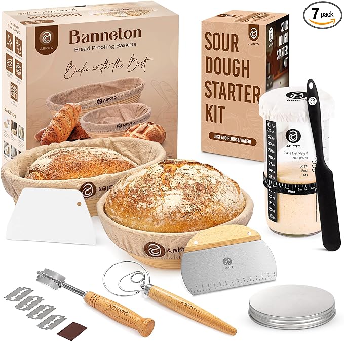 ABIOTO Sourdough Bread Baking Supplies and Starter Kit - Ultimate Bread Making and Sourdough Starter Kit with Proofing Baskets, 24oz Sourdough Jar, Bread Lame, Scrapers and Danish Whisk by ABIOTO
