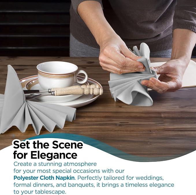 200 pcs Silver 17"x17" Polyester Cloth Napkins | Premium, soft, & durable square linen napkins, perfect for weddings, dining, restaurants, & parties. Washable. - Image 6