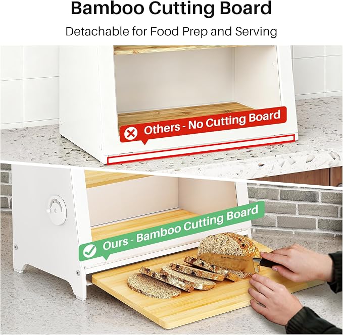 SNTD Airtight Bread Box for Kitchen Countertop, Bamboo Cutting Board, White | Adjustable Vent Hole, Sorted Storage, Natural Wood, Magnetic See-through Door, Metal Frame, Homemade Bread Storage Container - Image 4