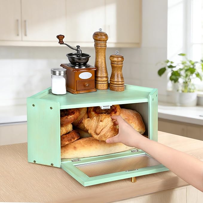 Bread Box for Kitchen Countertop with Acrylic Window Green | Farmhouse Bread Storage Container, Large Pantry Organizers for Homemade Snacks, Loaves, Breathable Keeps Bread Fresh - Image 2