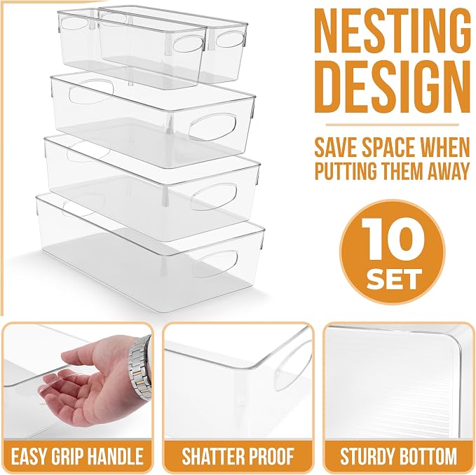 Sorbus Clear Plastic Storage Bins for Organizing, 10 Pack Clear Organizer Bins with Handles, Plastic Storage Bins for Closet, Pantry, Fridge, Medicine Cabinet Organizer, Shelves, Freezer, Drawer - Image 2