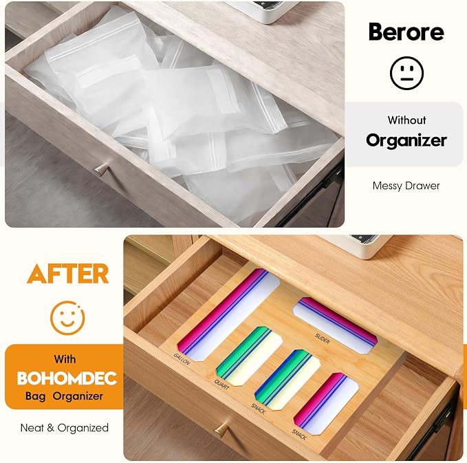 Bamboo Ziplock Bag Organizer for Kitchen Drawer, Food Storage Baggie Holder with 24 Label Stickers, Fits Gallon Quart Sandwich Snack Freezer & Slider Bags, No Assembly, Wall Mount or Drawer - Image 2