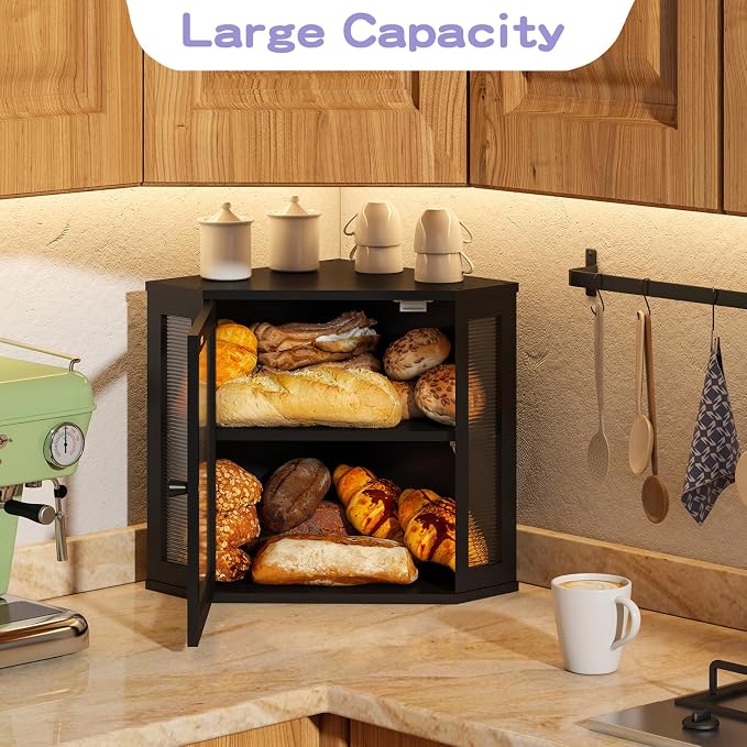 Corner Bread box for Kitchen Countertop,Farmhouse Acrylic Wavy Door Panel Food Storage Large White Bread box Container - Image 5
