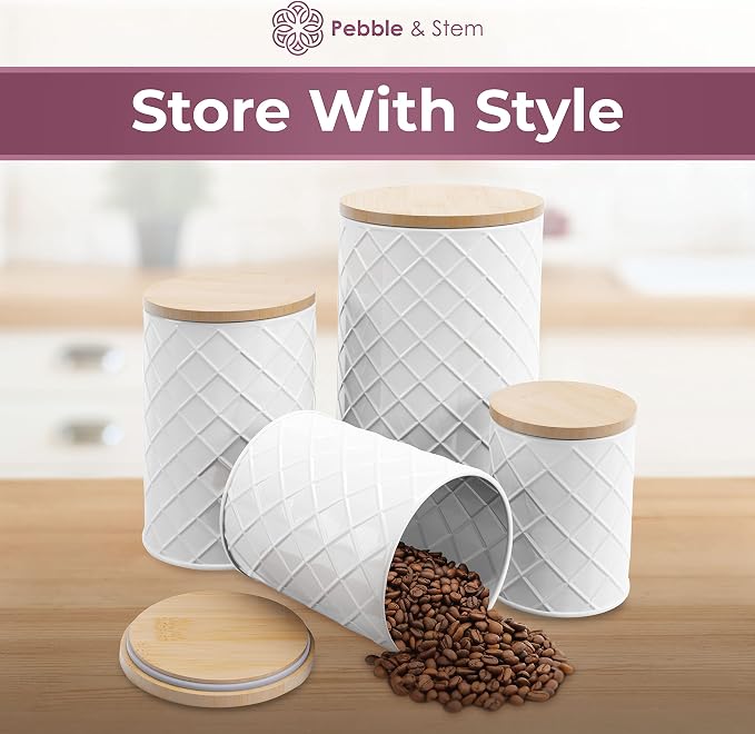 Pebble & Stem® White Metal Canister Set for the Kitchen Counter, Food Canister Set of 4, Airtight Lids, Sugar and Flour Containers for Countertops, Coffee and Tea Storage, Farmhouse Decor - Image 7