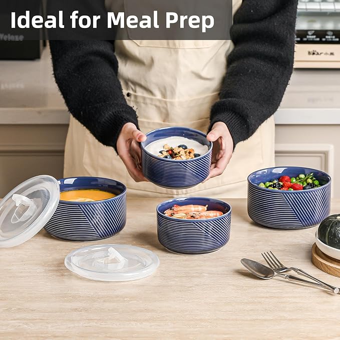 Ceramic Nesting Bowls with Lid, Microwave Safe, Set of 4, Navy | Food Storage Containers for Work Lunch Picnic Camping Meal Prep Soup Salad Cereal Leftovers - 5 & 6 Inch, 20 & 32 oz - Image 7