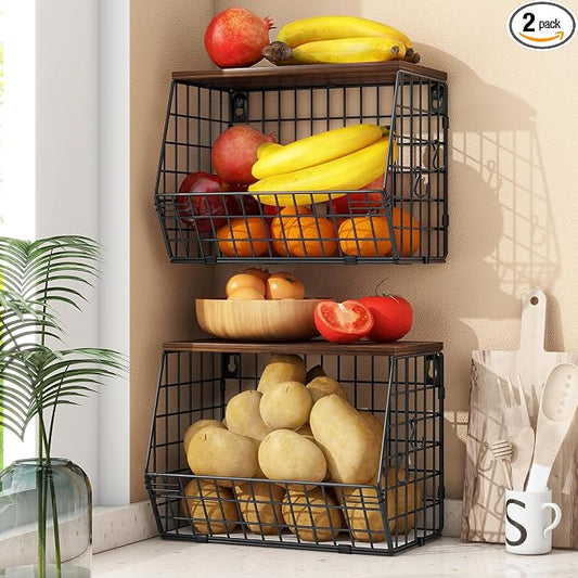 Mefirt 2pcs Fruit Basket Kitchen Storage Basket with Wood Lid | Stackable Wall Fruit Basket for Kitchen, Countertop Organizer for Snack, Fruit and Veggie Storage, 11.8 x 7.9 x 8.5 Inch by Mefirt