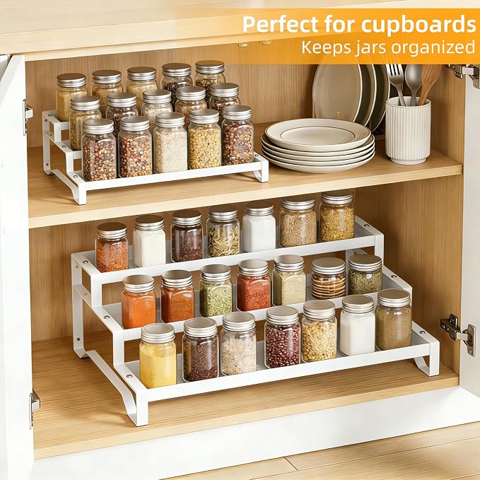 2 Pack Spice Rack Organizer for Cabinet, 13-21.5" Expandable Spicy Shelf | 9.45" Depth 3-Tier White Metal Seasoning Organizer, Kitchen Spice Organization, Slip-Resistant Guardrails for Jars and Cans - Image 3