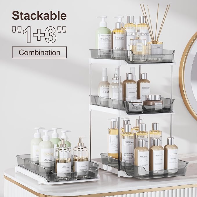 Delamu 2-Tier Multi-Purpose Bathroom Under Sink Organizers and Storage, Stackable Kitchen Pantry Organization, Pull Out Medicine Cabinet Organizer with Movable Dividers, Grey, 2 Pack - Image 3