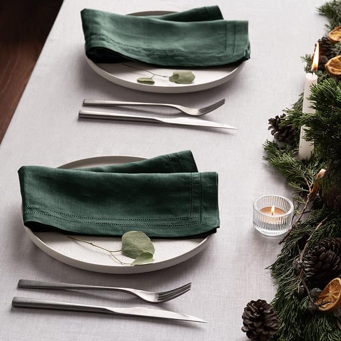 Linen Napkins 20 x 20 inch - 100% Flax Linen Forest Green Double Hemstitch Dinner Napkins Set of 4 - Cloth Napkin Washable for Winter and Christmas Decor - Image 3