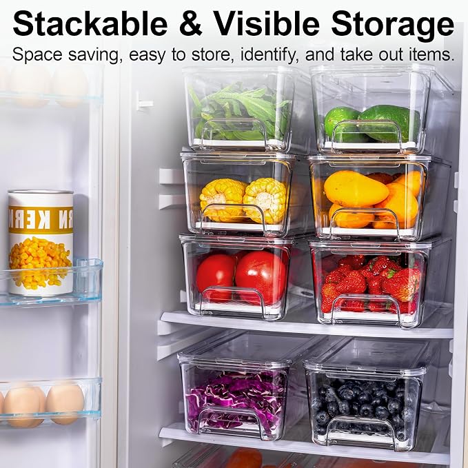 4-Pack Stackable Fruit Storage Containers for Fridge | Pull-Out Drawer Organizer Bins, With Lids & Drain Tray, Keep Fresh, Removable Refrigerator Container for Berry, Veggie, Drink - Image 3