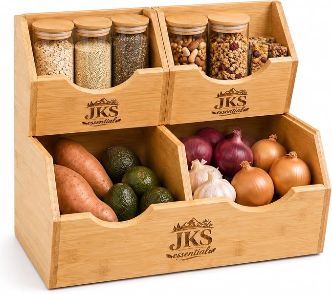 Bamboo Pantry Storage Bins|Stackable Potato and Onion Storage Bin|3Tier Bamboo Pantry Organizer with Slide Out Access|Fruit & Vegetable Storage Basket for Kitchen Countertop|Pantry & Cabinet Organizer by Unknown