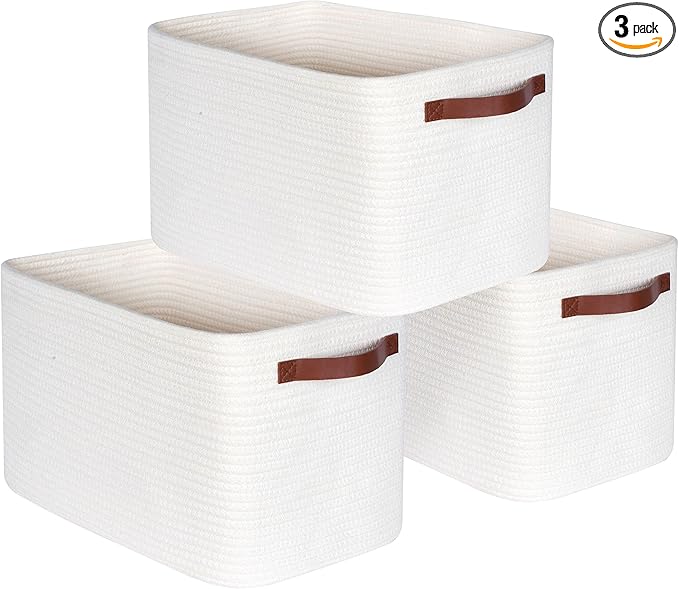 3-Pack Decorative Woven Storage Baskets for Shelves, Cube Bin Box for Organizing Books, Shoes, Dog Toys, Pantry Closet and Living Room Organizer, Creamy White by MINTWOODDesign