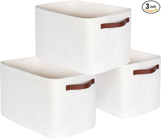 3-Pack Decorative Woven Storage Baskets for Shelves, Cube Bin Box for Organizing Books, Shoes, Dog Toys, Pantry Closet and Living Room Organizer, Creamy White by MINTWOODDesign