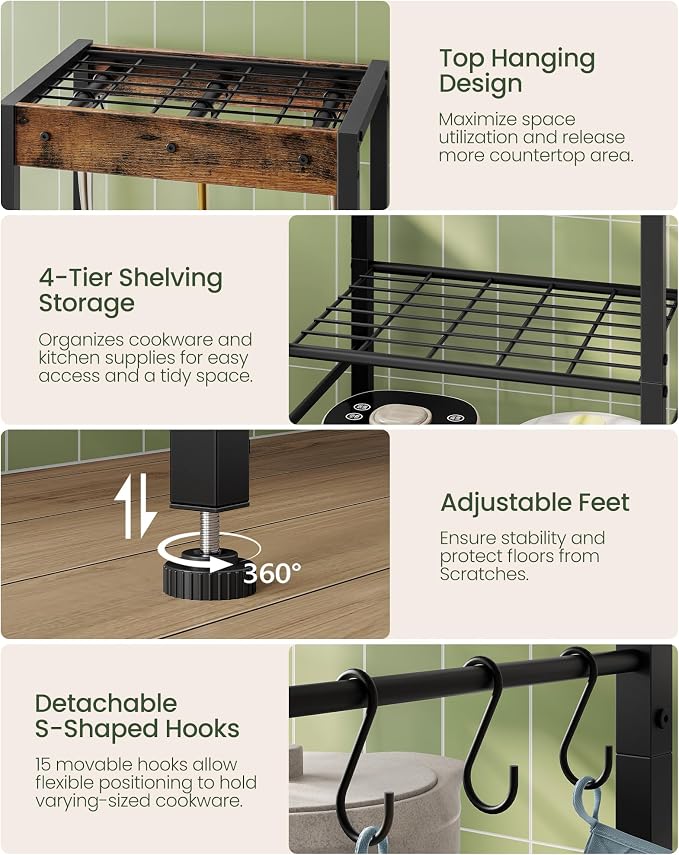 5-Tier Pot Rack, Floorstanding Pots and Pans Organizer, Kitchen Bakers Rack, Kitchen Island Table, Pots and Pans Organizer, Storage Stand, for Living Room, Rustic Brown and Black TPR16BF - Image 7