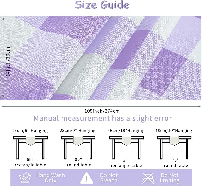 Cupuamon Fabric Checkered Table Runner 1 Pack Waterproof Gingham Table Runner 14W x 108L Buffalo Check Table Runners for Parties Kitchen Dining Wedding Banquet (Lavender and White) - Image 4