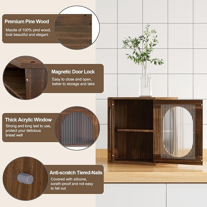 Alpeir Corner Bread Box for Kitchen Countertop, 3 Adjustable Height,Brown | Solid Pine Wood, Hold 2 Loaves, Strong Acrylic Window, Easily Care, Farmhouse Pantry Container for Home Baker, Family of 4 - Image 9