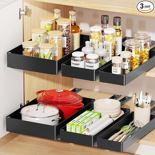 Delamu 3 Pack Pull Out Cabinet Organizer, 15.7" Deep Pull Out Drawers for Cabinets, Slide Out Drawers for Kitchen Cabinets, Bathroom Cabinet Organizer, Pantry (Black) by DELAMU