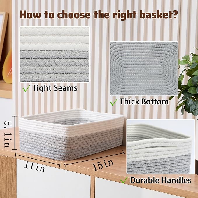 MiniArk Large Shallow Organizing Baskets 15x11x5.1 Inches - Rope Woven Storage Bins for Bathroom, Shelves, Cube Closet, Gradient Grey 2 Packs - Image 2