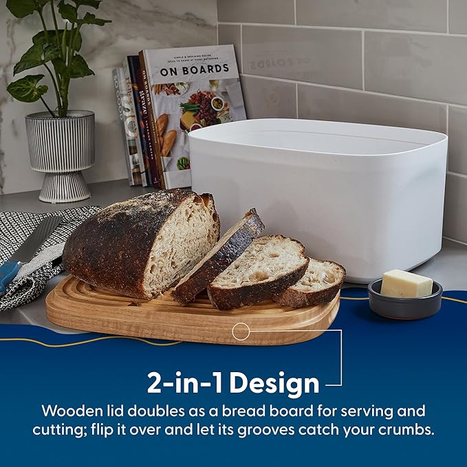 Sonder LA Union Bread Box with Wood Lid (White) Large 14.25x9.25x7 in | Bamboo Fiber & Recycled Plastic Body with Reversible Bread Board Lid, Kitchen Countertop Use, Larger Than It Appears, 4 lbs - Image 2