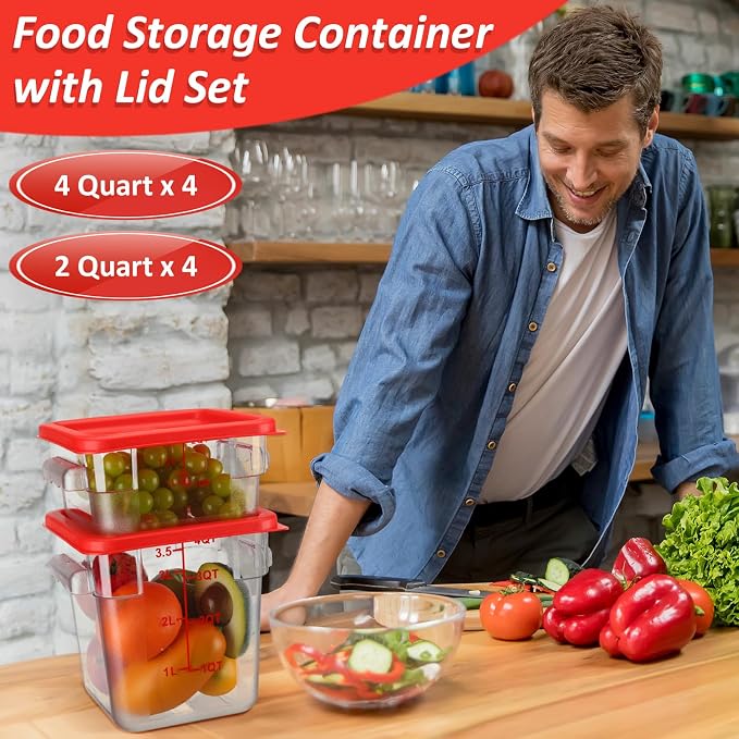 Yungyan 16 Pcs Restaurant Food Storage Containers with Lids Set 2Qt and 4Qt Commercial Restaurant Square Storage Containers Clear Food Cereal Container for Kitchen Freezer (Red Lids) - Image 5