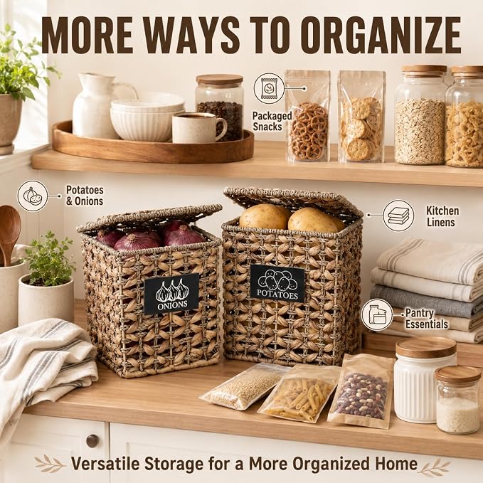 2 Pack Potato and Onion Storage Bin, Stackable Woven Basket with Lid, Vegetable Fruit Basket for Kitchen Counter, Produce Holder with Aerating Holes, Pantry Organizers and Storage, Metal - Image 8