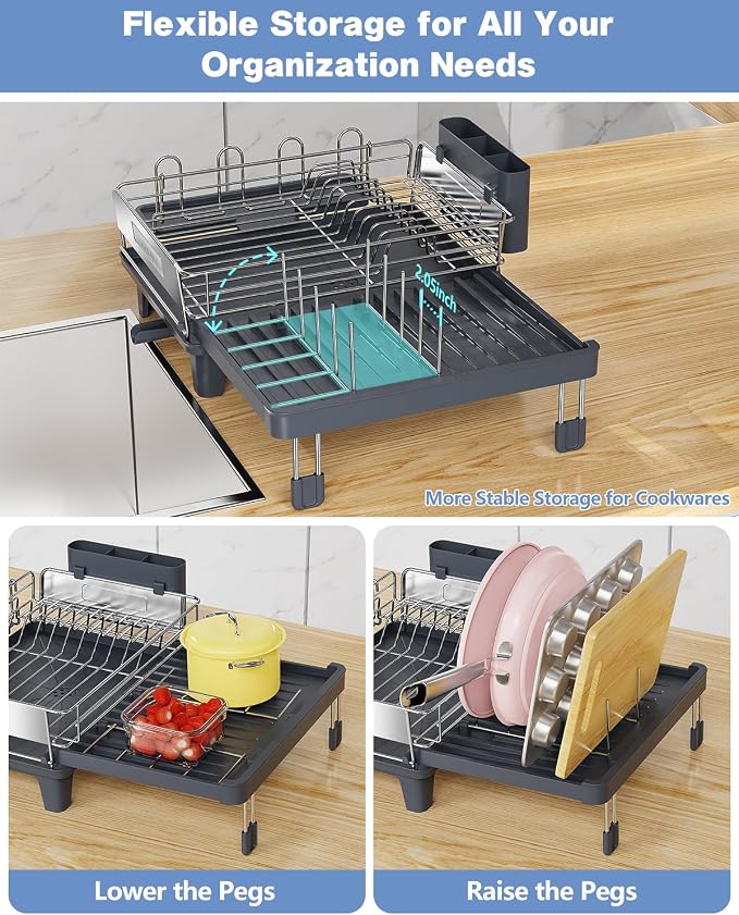 Expandable Dish Drying Rack, Dish Racks for Kitchen Counter, Stainless Steel 304, Flip-Top Retractable Plate, Multi-Directional Adjustable Dish Rack, Space Saving Large Drying Rack Kitchen, Gray - Image 4