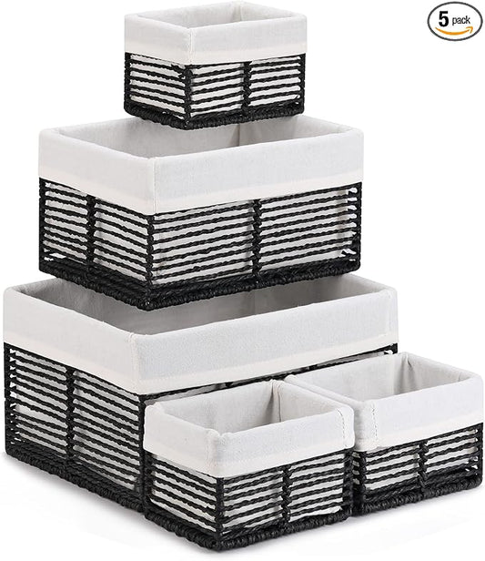 Wicker Storage Baskets, Hand-Woven Paper Rope Black Baskets for Storage, Rectangular Small Wicker Baskets for Organizing, Cube Storage Bins for Closet/Clothes/Dresser, Black, 5-Pack by Vagusicc