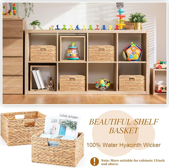 Jinei 12 Pcs Water Hyacinth Storage Baskets 13"x13"x8" Wood Color | Handwoven Wicker Bins with Handles, Wicker Baskets Bulk for Shelves Organizer Laundry, Closet Bedroom - Image 3