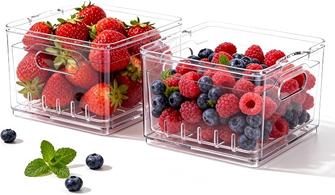 2 Pack Fruit Storage Containers for Fridge with Lid & Drain Basket | 3-in-1 Wash-Drain-Store – BPA-free clear containers keep berries/strawberries fresh, ready-to-eat in fridge. by TAYUOO