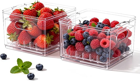 2 Pack Fruit Storage Containers for Fridge with Lid & Drain Basket | 3-in-1 Wash-Drain-Store – BPA-free clear containers keep berries/strawberries fresh, ready-to-eat in fridge. by TAYUOO