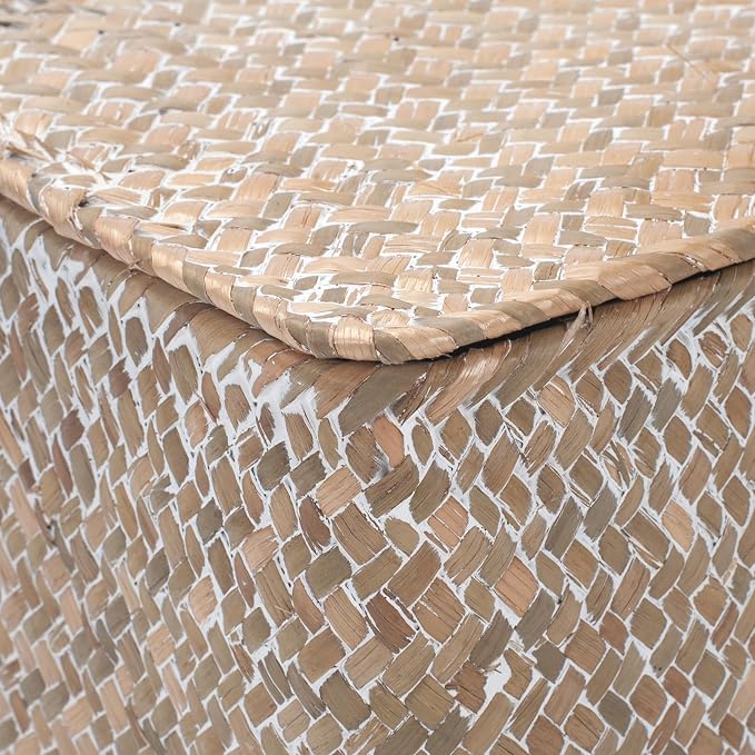 Wicker Basket with Lid, Seagrass Storage Basket, Woven Decorative Storage Baskets for Shelf Organizing, Whitewash - Image 4