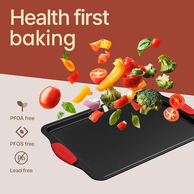 Baking Set – 8 Piece Kitchen Oven Bakeware Set – Deluxe Non-Stick Black Coating Inside and Outside – Carbon Steel – Red Silicone Handles – PFOA PFOS and PTFE Free by Bakken - Image 7
