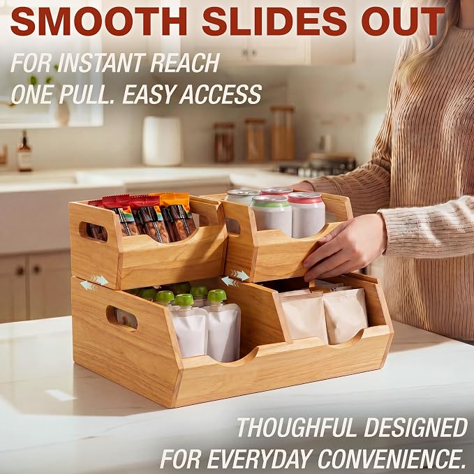 HOMESTEAD Stackable Solid Wood Storage Bins for Pantry & Countertop, Ventilated Potato and Onion Basket Organizer with Handles, Wooden Produce Storage Containers, 3 Pack, Natural Wood - Image 6