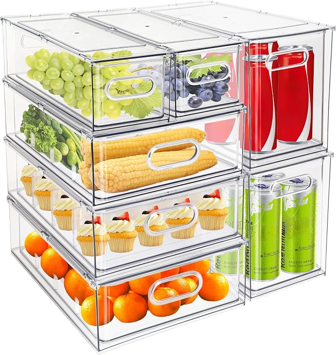 7 pack Stackable Refrigerator Organizer Bins Pull-Out Drawers for Fruit and Veggies Storage Organizer for Fridge Clear Drawer Containers with Handle Divided Organization for Produce Saver by MineSign