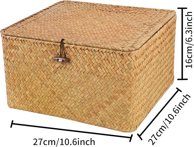 Moosky Wicker Shelf Baskets with Lid, Handwoven Seagrass Storage Basket Bins Square Gift Boxes for Shelves Home Decor Organizer (Natural, Large) - Image 4