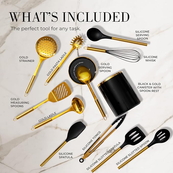 Styled Settings Black and Gold Cooking Utensils Set, 13-Piece | Kitchen Set with Black Ceramic Utensil Holder and Stackable Gold Spoon Rest - Luxury Kitchen Accessories for Stylish Cooking - Image 2