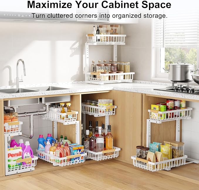 2 Pack Under Sink Organizer, Pull Out Cabinet Organizers, Adjustable Height 2-Tier Metal Slide Out Shelf for Bathroom Under Counter Storage, Kitchen Pantry Laundry Organization Rack, White - Image 7