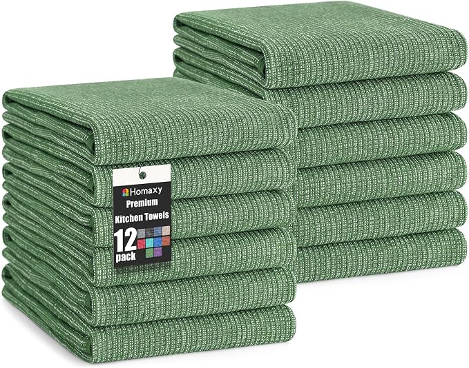 Homaxy 380 GSM Cotton Premium Kitchen Towels 12 Pack, 18"x 28", Grass Green | Flat and Terry Dish Towels, Highly Absorbent Tea Towel Set with Hanging Loop, Soft Utility Kitchen Hand Towels by Homaxy