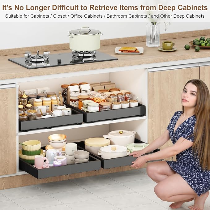 Fokyfok Pull out Cabinet Organizer,11"-16"W,17"-24"D,Expandable,Adhesive | No Drill,3 Rails,Adjustable Slide out Drawers for Kitchen,Pantry,Roll out Shelves,for Cabinets Without Lip,Bathroom,Black,1PC - Image 6