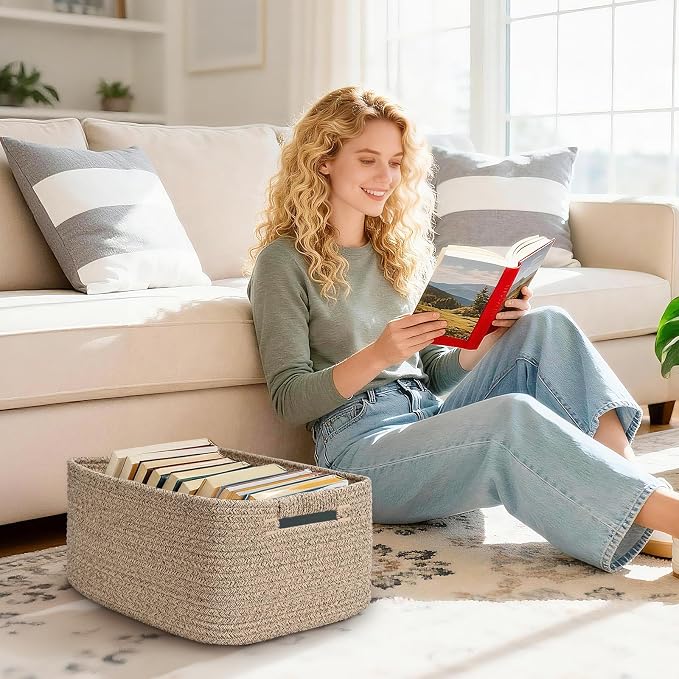2 Pack Large Storage Basket for Organizing, 17.5"x13"x7" Woven Basket for Shelves, Closet Cube Storage Bins with Wrapped Handle, Cotton Rope Baskets for Kitchen, Clothes, Toys (Natural) - Image 8