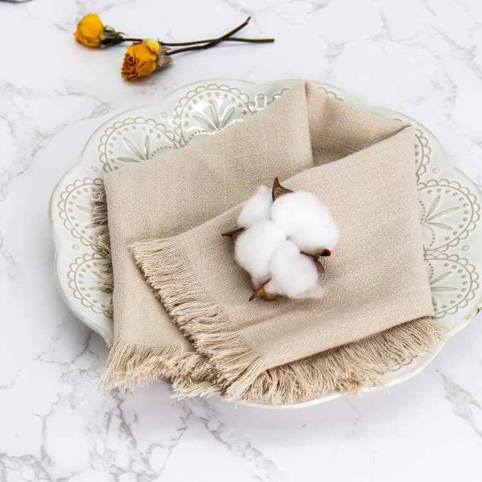 Handmade Cloth Napkins with Fringe,18 x 18 Inches Cotton Linen Napkins Set of 12 Versatile Handmade Square Rustic Fringe Napkins for Dinner, Wedding and Parties, Beige - Image 4