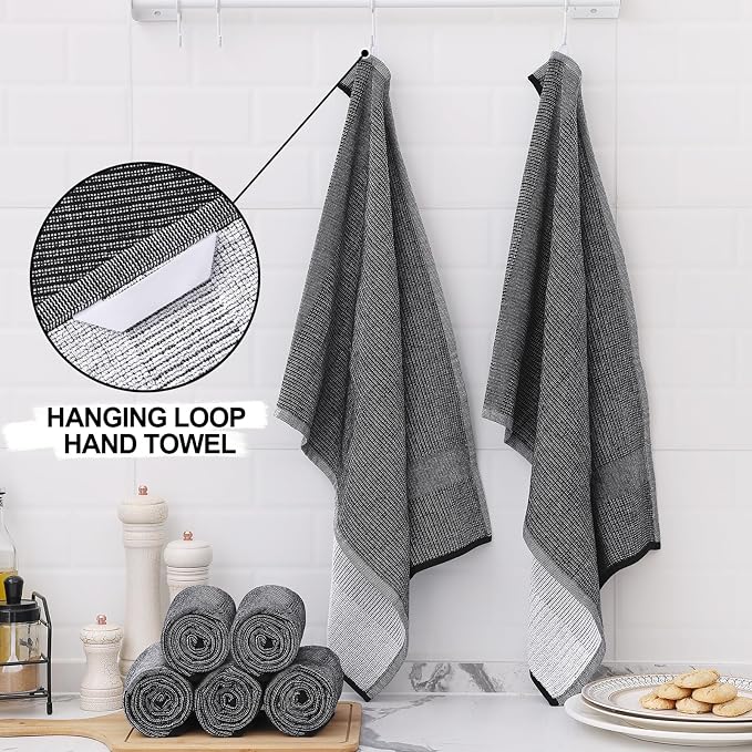 Homaxy 380 GSM Cotton Premium Kitchen Towels 6 Pack, 18"x 28", Black | Flat and Terry Dish Towels, Highly Absorbent Tea Towel Set with Hanging Loop, Soft Utility Kitchen Hand Towels - Image 3