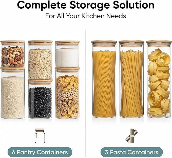 Airtight Glass Storage Containers with Lids Set, 9 Pack Pantry and Pasta Storage Containers 25/37/51/78oz, Square Kitchen Canister Set for Flour Sugar Rice, Cereal Beans Oats Spaghetti Pasta - Image 5