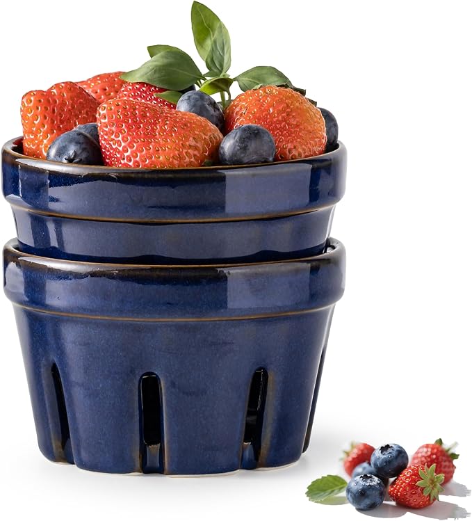 Gomakren Ceramic Berry Bowls with Holes Set of 2 for Fridge, Cobalt Blue | Drain holes keep fruits fresh, stackable, wash & serve, round strawberry basket for fridge kitchen counter, lovely home gift by Gomakren