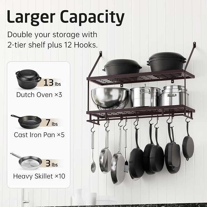 KES 30-Inch Oiled Bronze Pot Rack Wall Mounted, 100 Lbs Capacity, 12 Hooks | 2-Tier, Cast Iron Pots and Pans Organizer Hanging, Kitchen Wall Hanger Shelves, Farmhouse Style, KUR215S75B-OB - Image 3