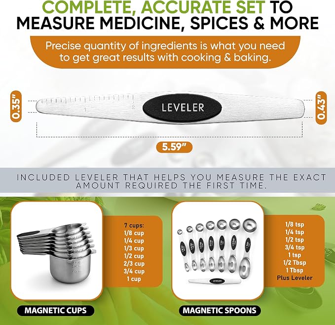 Spring Chef Magnetic Measuring Cups & Spoons Set of 15 with Leveler, Black & Stainless Steel Large Box Grater with Handle - 2 Product Bundle - Image 4