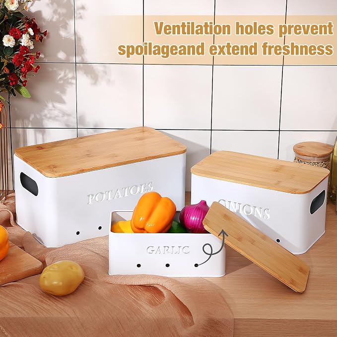 Honeydak 3 PCS White Potato Onion Garlic Storage Bins Set, Metal Vegetable Keeper Containers with Lids Aerating Holes for Kitchen Counter Pantry Keep Fresh Longer Farmhouse for Sweet-potato Fruit - Image 4