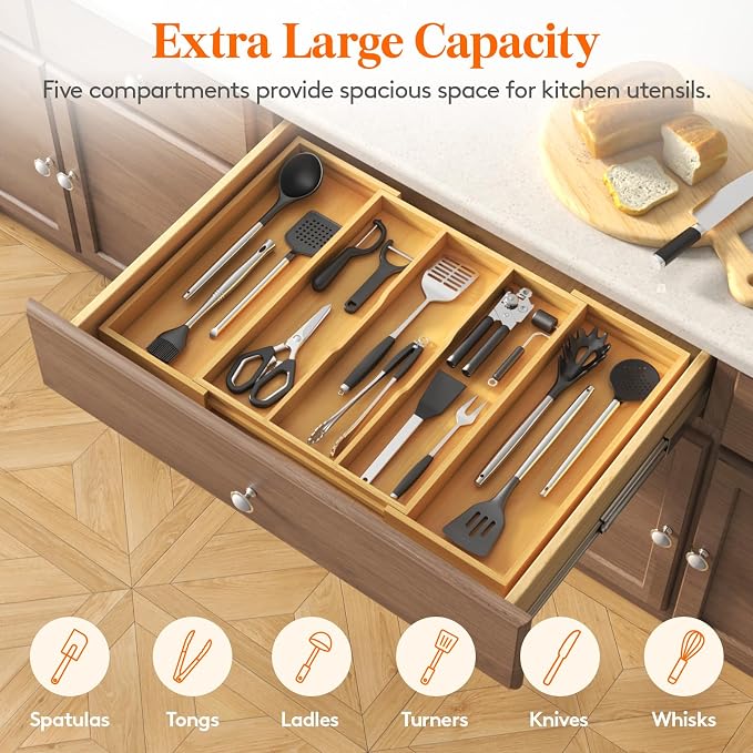 Lifewit Utensil Organizer for Kitchen Drawer, Expandable Cooking Utensil Tray, Cutlery Silverware Flatware Holder, Wood Adjustable Spatula Tools Storage Divider, 15.6-28 x 18.5, Natural - Image 4
