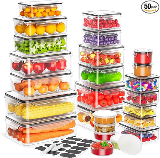 50 PCS Food Storage Containers with Lids Airtight (25 Lids & 25 Containers)- Reusable Plastic Leakproof Meal-Prep Container for Kitchen Storage Organization Microwave/Dishwasher Safe with Labels & Pen by JSCARES