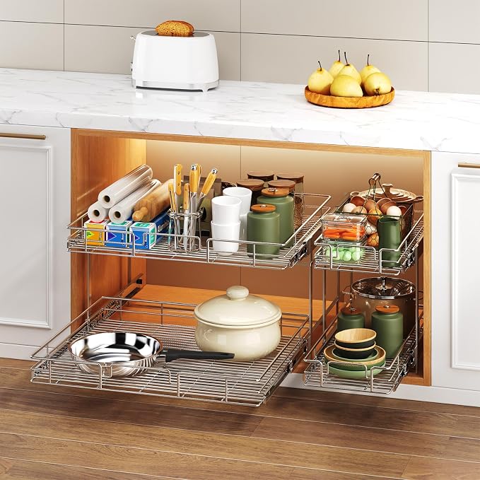 2 Tier Individual Pull Out Cabinet Organizer 31½" W x 21½" D, Heavy Duty Cabinet Pull Out Shelves, Slide Out Drawers Organization for Kitchen Cabinets Bathroom - Image 6